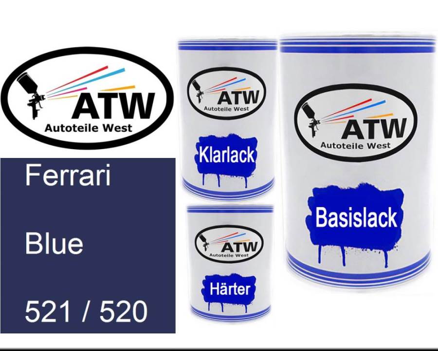Ferrari, Blue, 521 / 520: 500ml Lackdose + 500ml Klarlack + 250ml Härter - Set, von ATW Autoteile West.
